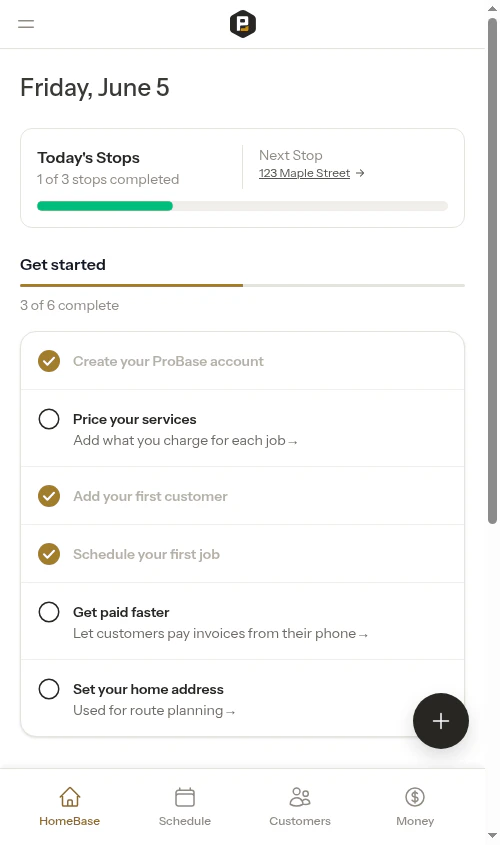 HomeBase dashboard with today's progress
