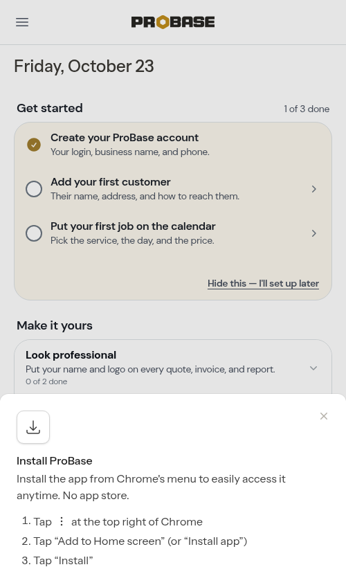 The Install ProBase sheet with Chrome-menu steps