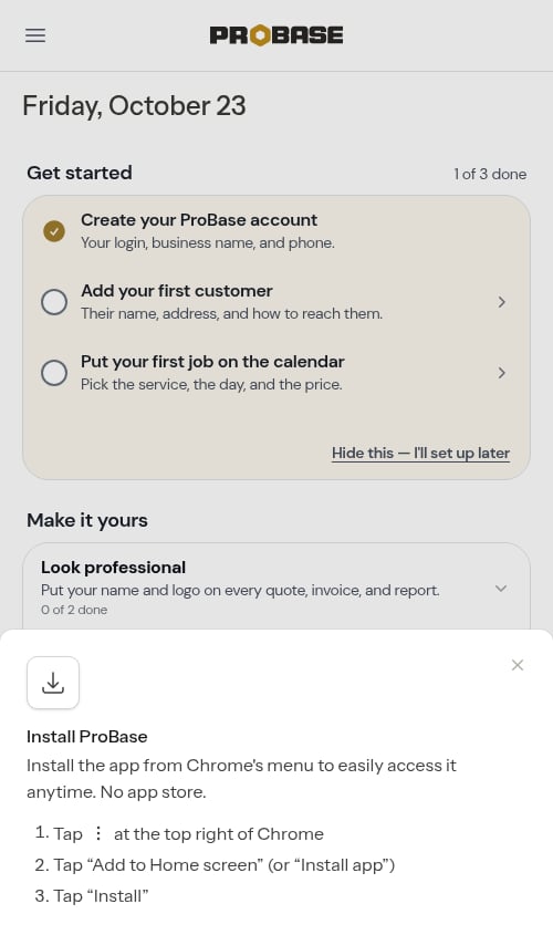 The Install ProBase sheet with Chrome-menu steps