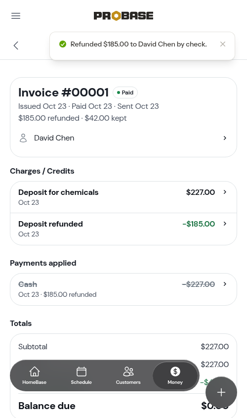 A deposit invoice after a partial refund