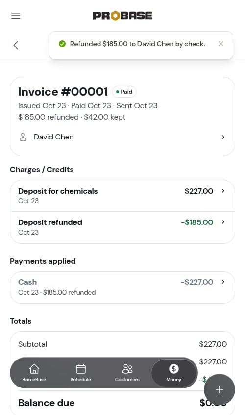 A deposit invoice after a partial refund