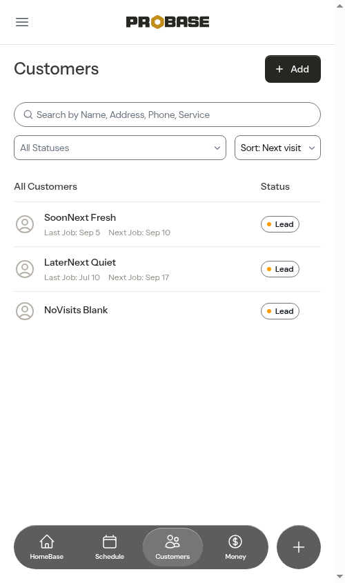 Customer list sorted by next visit