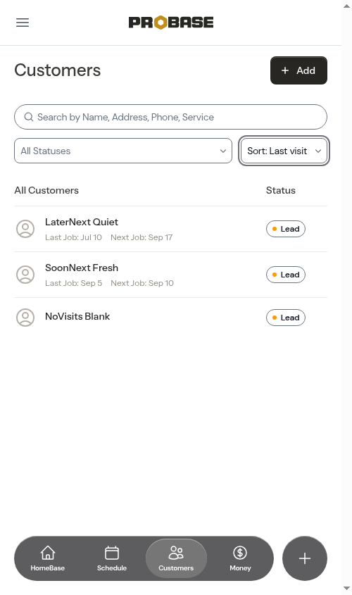 Customer list sorted by last visit