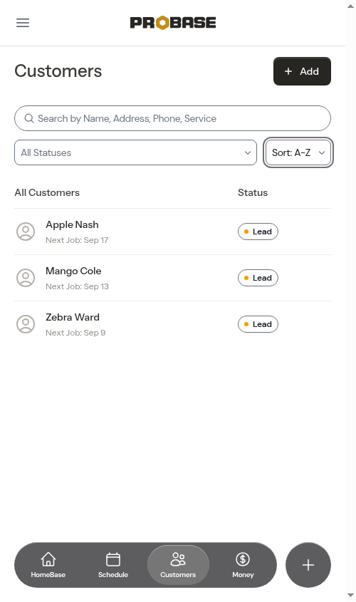 Customer list sorted A to Z