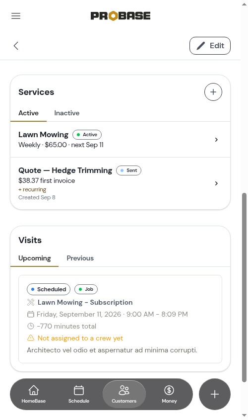 Services card, Active tab