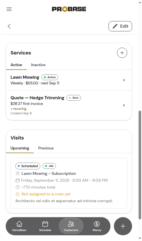 Services card, Active tab