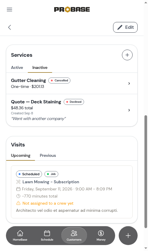 Services card, Inactive tab