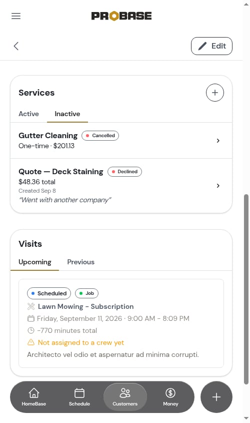 Services card, Inactive tab