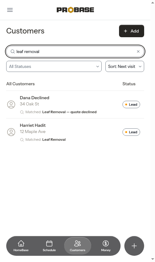 Searching the customer list by service name