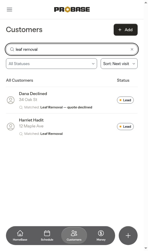 Searching the customer list by service name