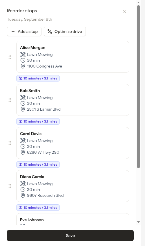 Reorder modal with Optimize drive button