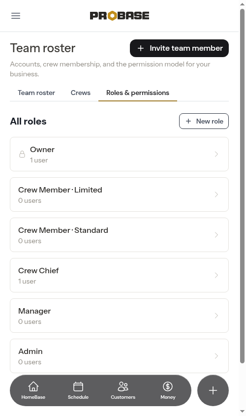The Roles & permissions screen