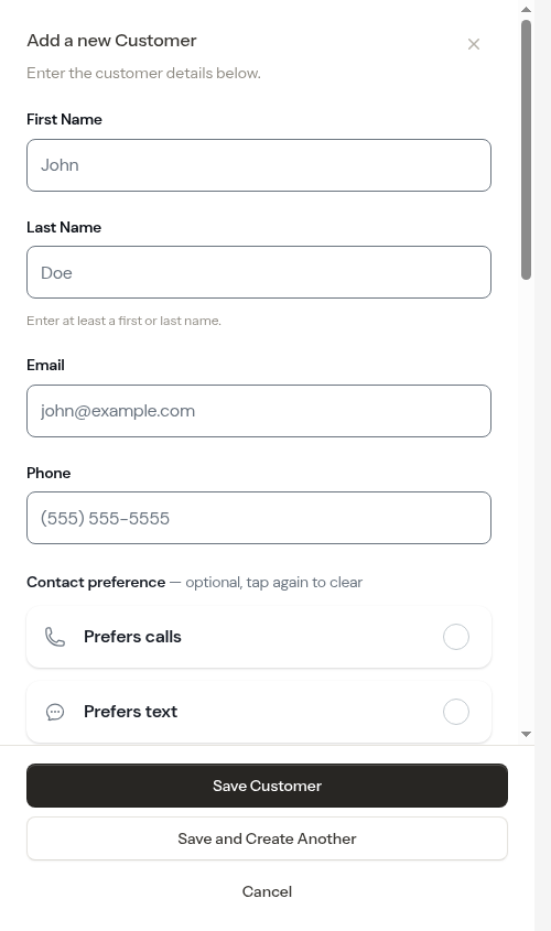 Customer creation form opened from the empty schedule