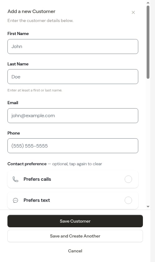 Customer creation form opened from the empty schedule