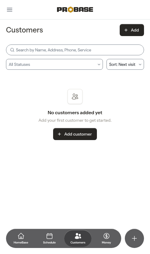 Customers index page with the Add customer button in the header and an empty state