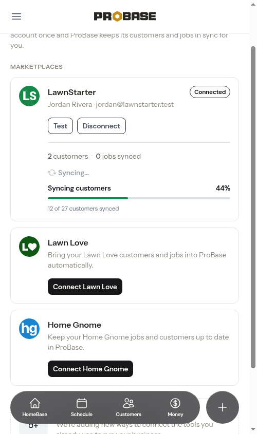 A LawnStarter card mid re-sync with a progress bar reading 12 of 27 customers synced
