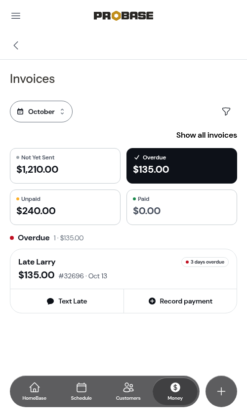 Tapping the overdue row opens the Invoices list filtered to Overdue