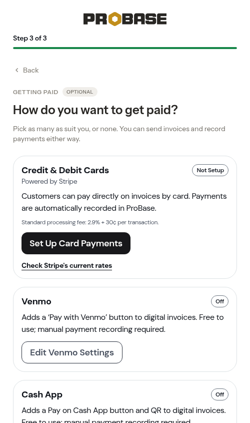 Getting paid step during onboarding
