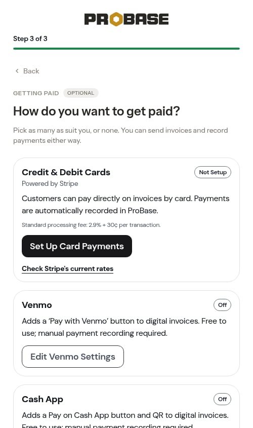 Getting paid step during onboarding