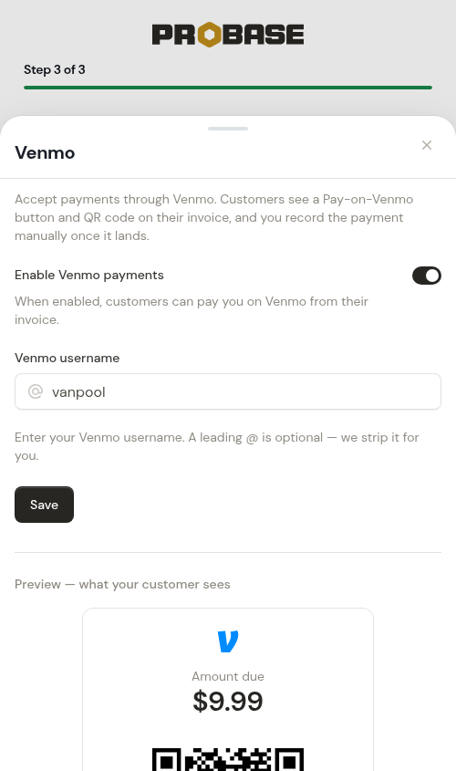 Venmo settings sheet during onboarding