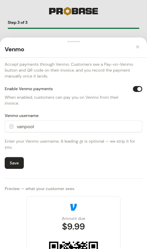 Venmo settings sheet during onboarding