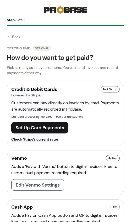 Venmo shows Active after saving