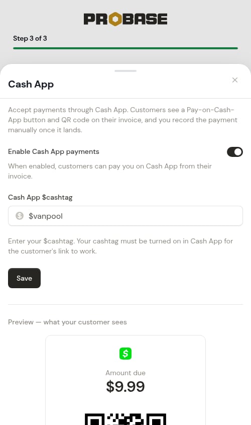 Cash App settings sheet during onboarding
