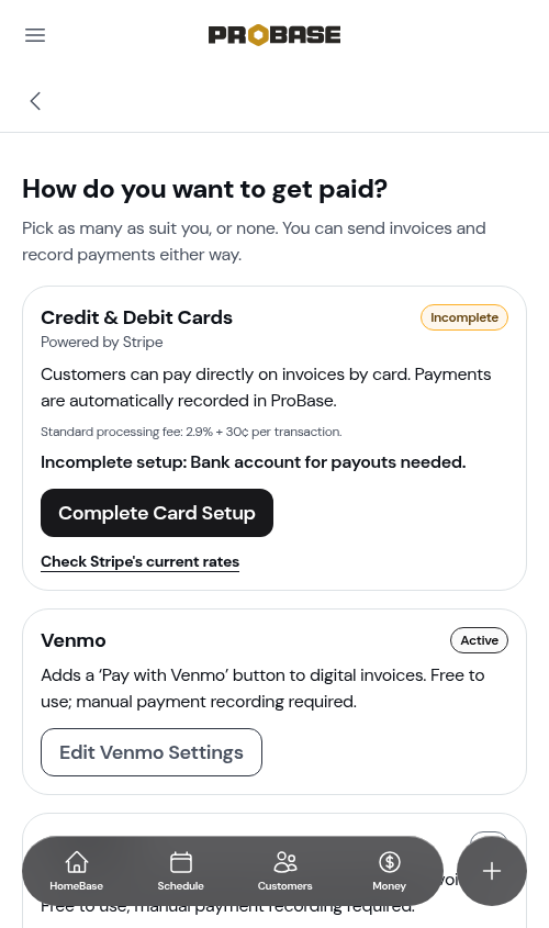 The Getting paid guide with card setup in progress