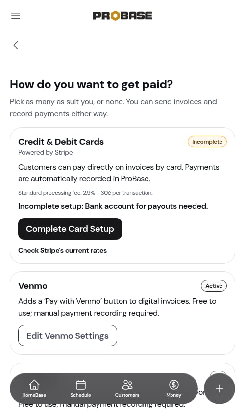 The Getting paid guide with card setup in progress
