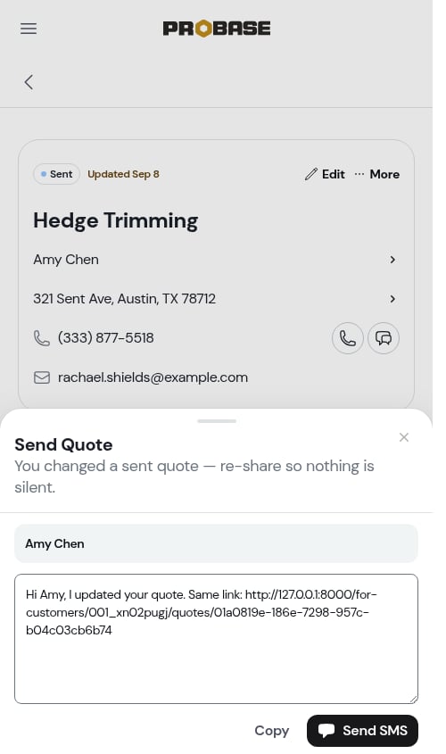 The re-share offer after editing a sent quote