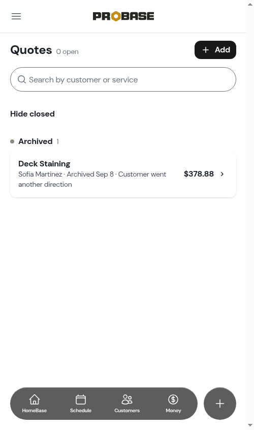 The archived quote under Show closed