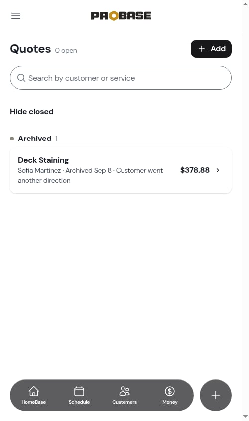 The archived quote under Show closed