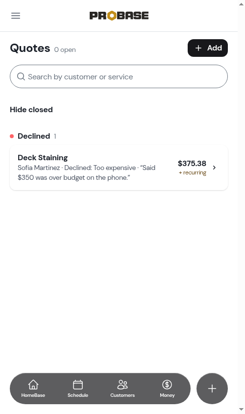 The declined quote under Show closed