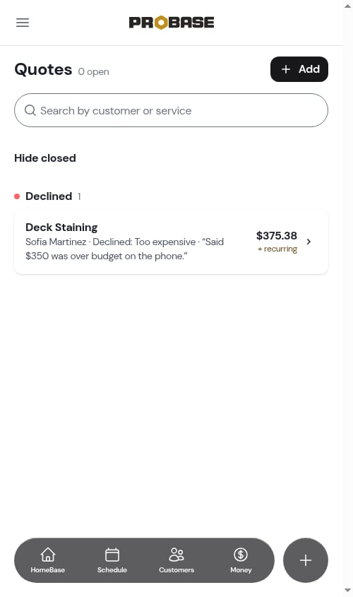 The declined quote under Show closed