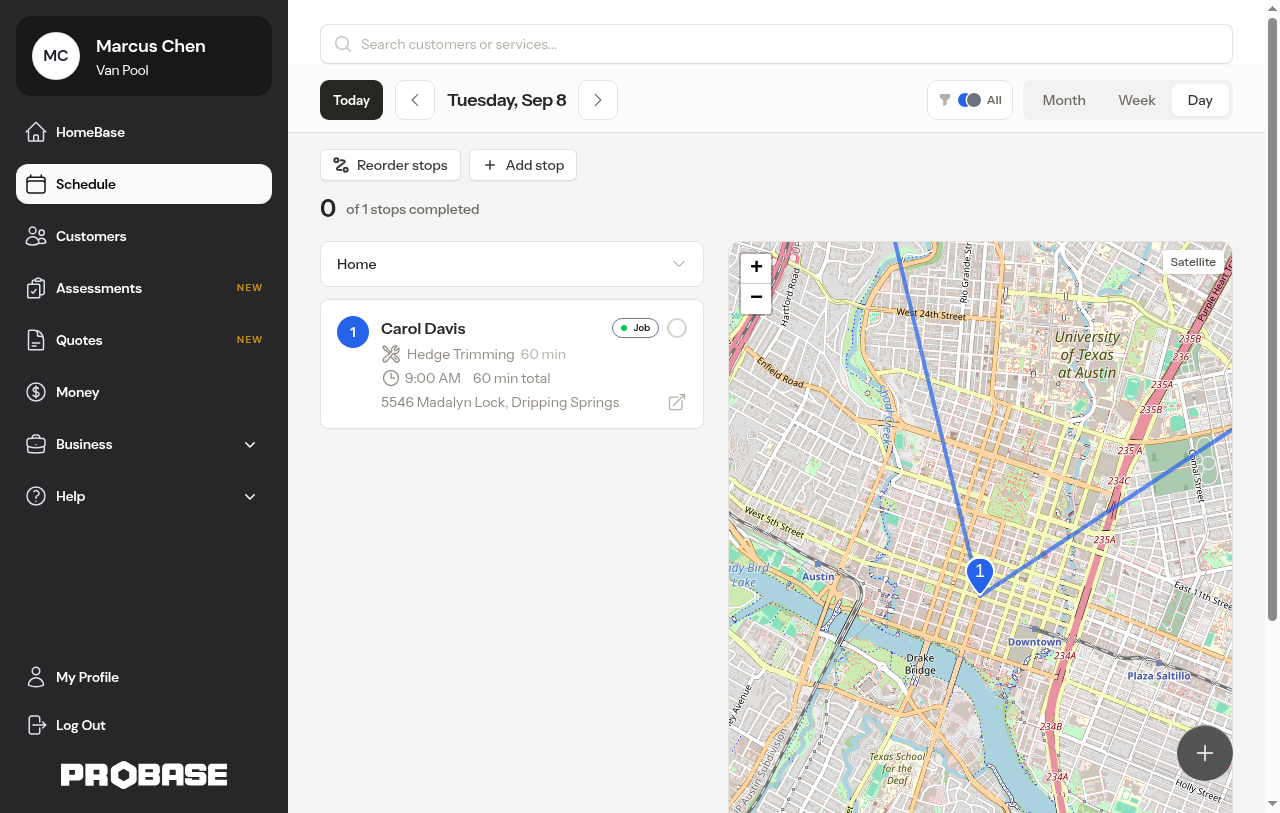 Desktop two-column day view — stop list on the left, route map on the right