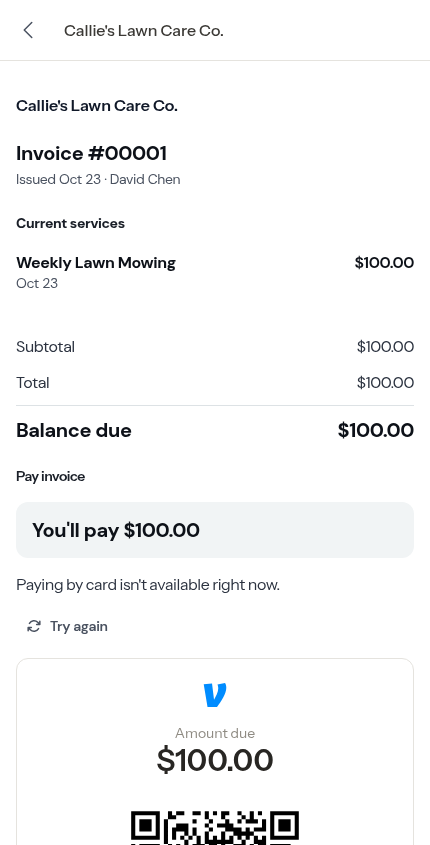 The card form couldn't load in the customer's browser — Try again above the Venmo block
