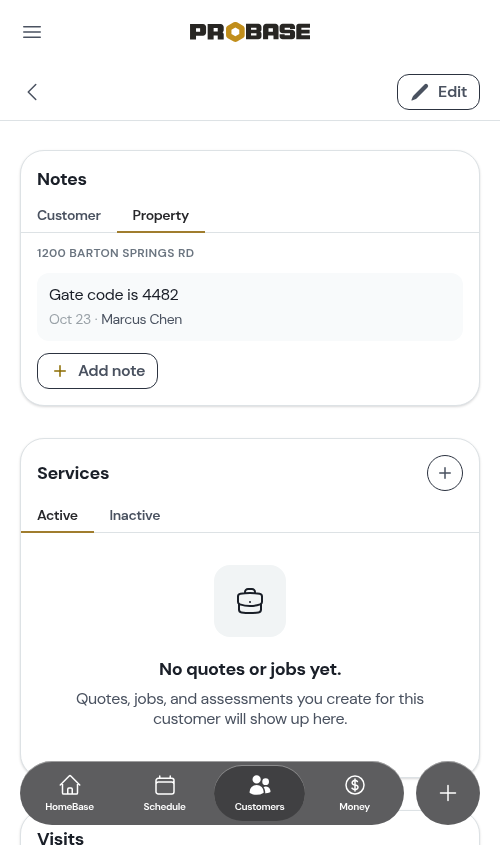 Notes card showing the Property tab, labelled with the address