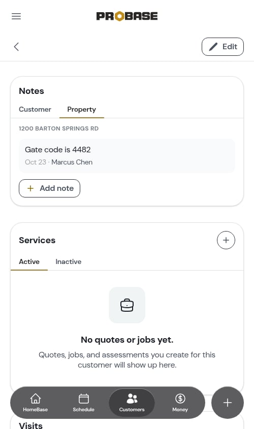 Notes card showing the Property tab, labelled with the address