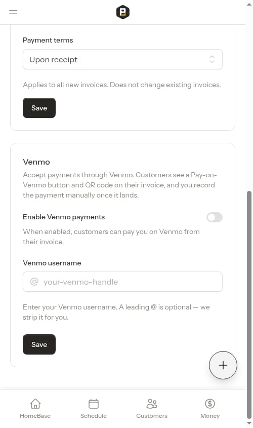 Venmo settings before it's turned on