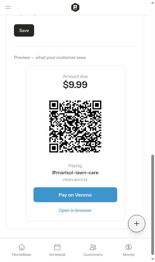 Venmo settings showing the live customer preview