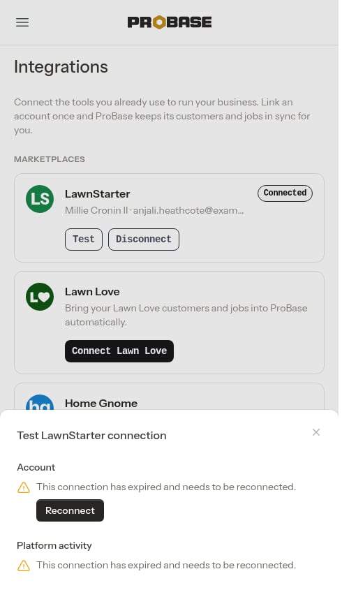 Test connection window showing an expired connection with a Reconnect button