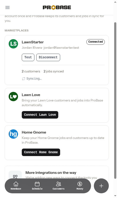 A LawnStarter card mid re-sync, showing Syncing…