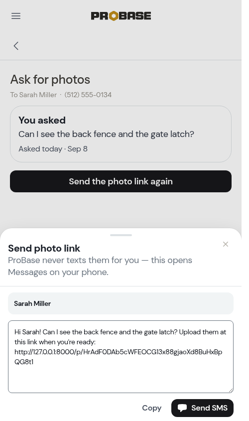 The send modal with the photo link