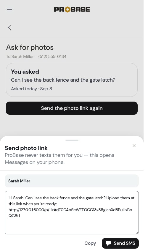 The send modal with the photo link