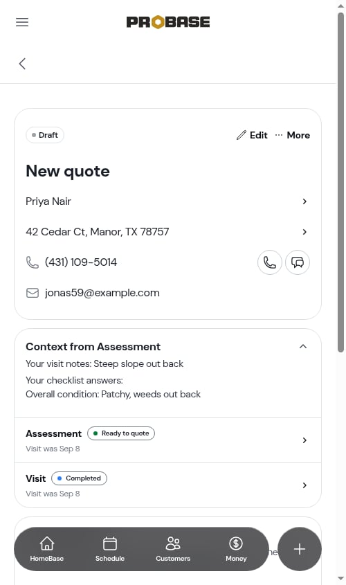 Checklist answers carried onto the quote