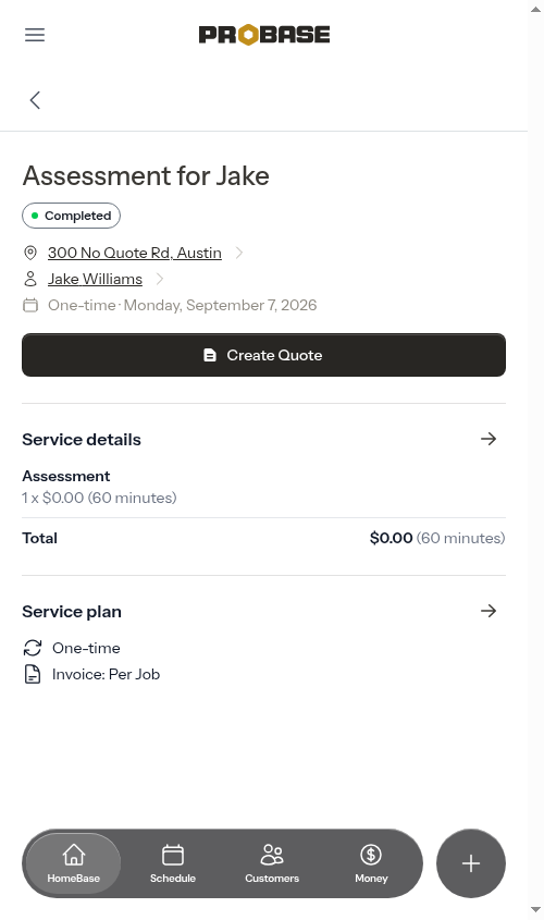 Assessment service page with Create Quote button