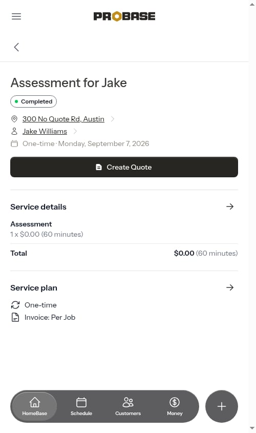 Assessment service page with Create Quote button