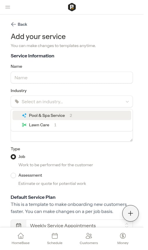 Industry field with per-trade counts on the create form