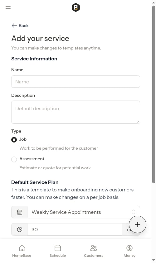Service create form with no Industry field for a business that hasn't declared any trades