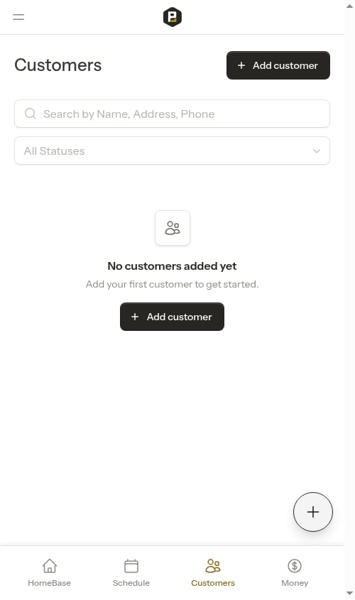 Customers index page with the Add customer button in the header and an empty state